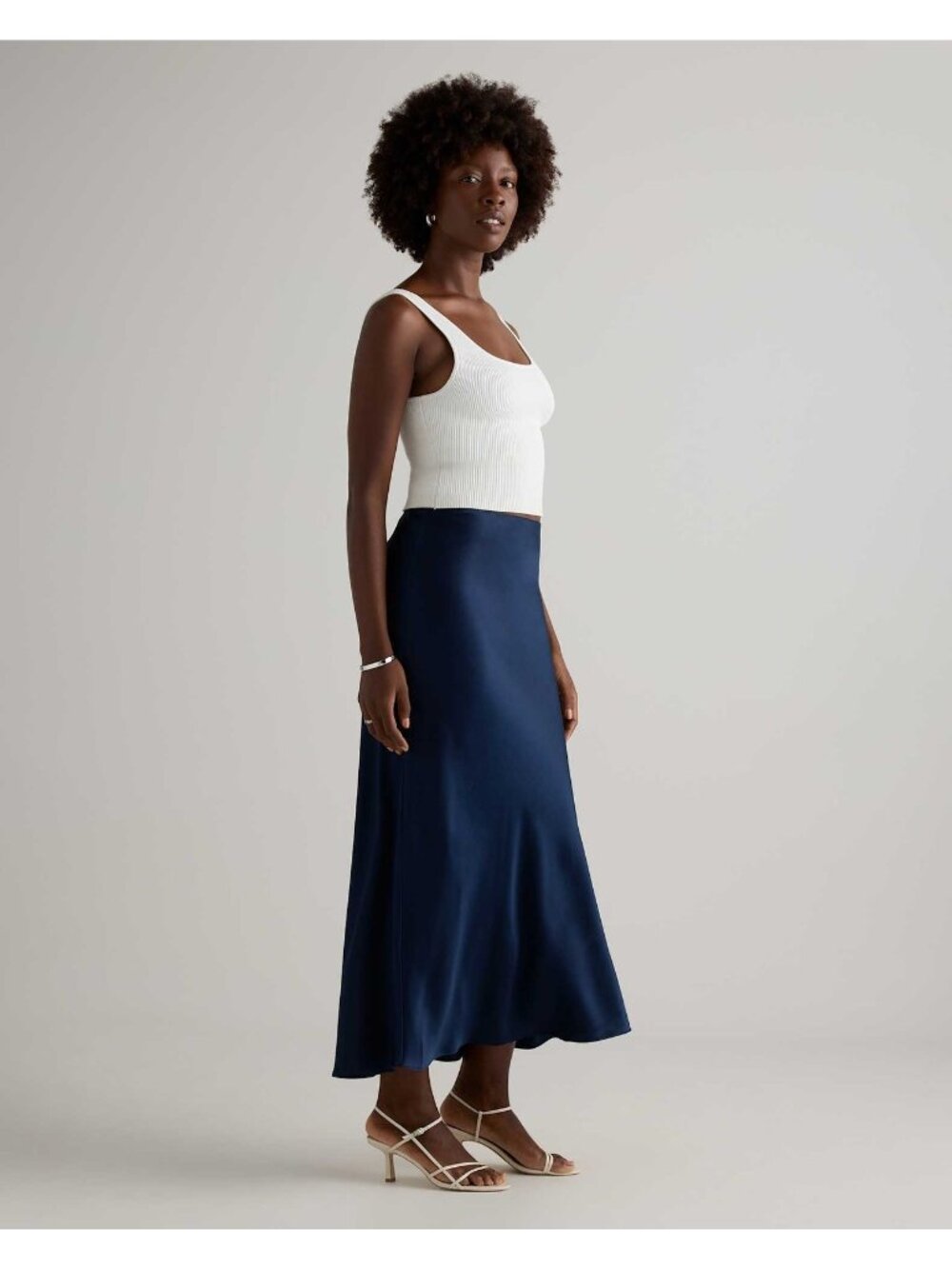 Quince Womens Navy Blue Satin Slip Midi Skirt A Line High Waist L NWT